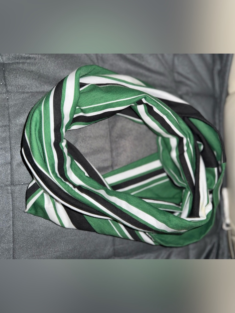 Striped Green Infinity Scarf with Black & White Accents